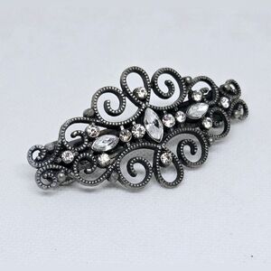 Vintage Dark Silver Filigree Rhinestone Hair Barrette Victorian